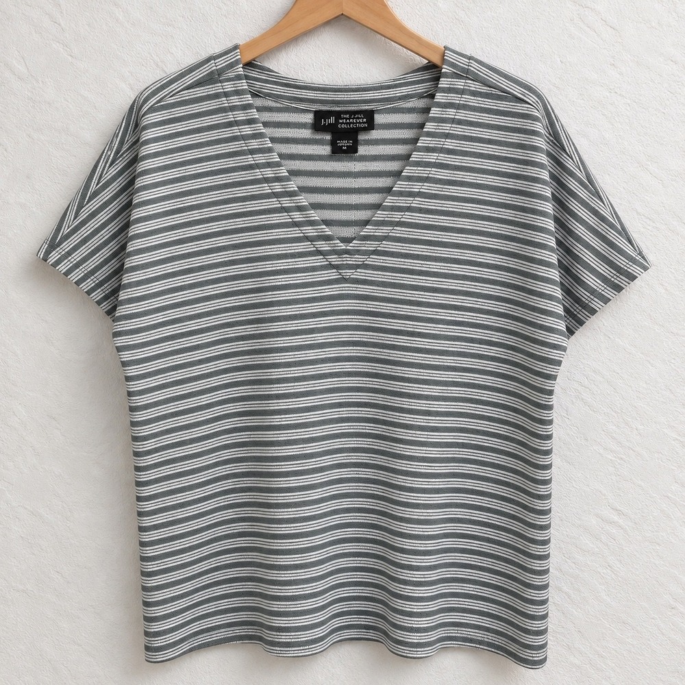 J. Jill Wearever Striped V-Neck Button Back Top Grey White Medium M
